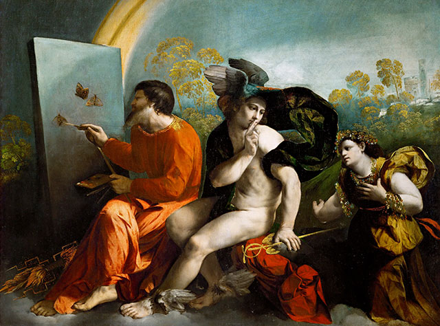 L’ aggettivo ermetico viene da Hermes, dio messaggero, portatore di parole, ma anche icona del silenzio. Si racconta che quando, nel mezzo di una conversazione, cadeva all’improvviso un istante di silenzio i Greci dicessero: “Passa Hermes”. Dosso Dossi, Giove pittore di farfalle, Mercurio e laVirtù, 1523-1524, Castello di Wawel, Cracovia