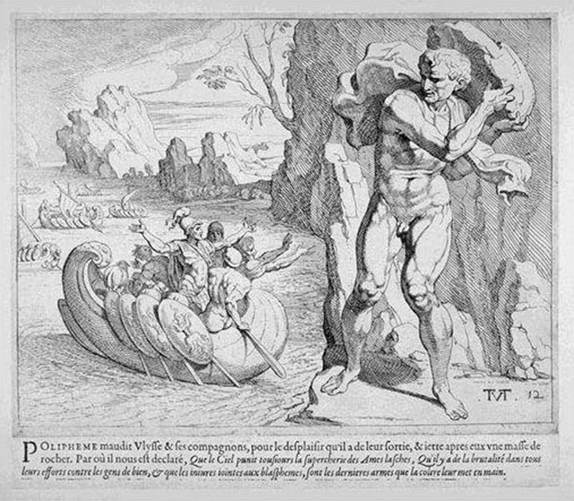 Polifemo maledice Ulisse e i suoi compagni.  Ma la sua furia è ingannata dalle bugie dell’eroe greco. L’incisione è opera di Theodor Thulden (1606- 1669)